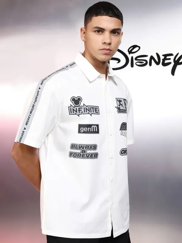 Disney By Highlander Men White Mickey Mouse Printed Oversized Fit Casual Shirt
