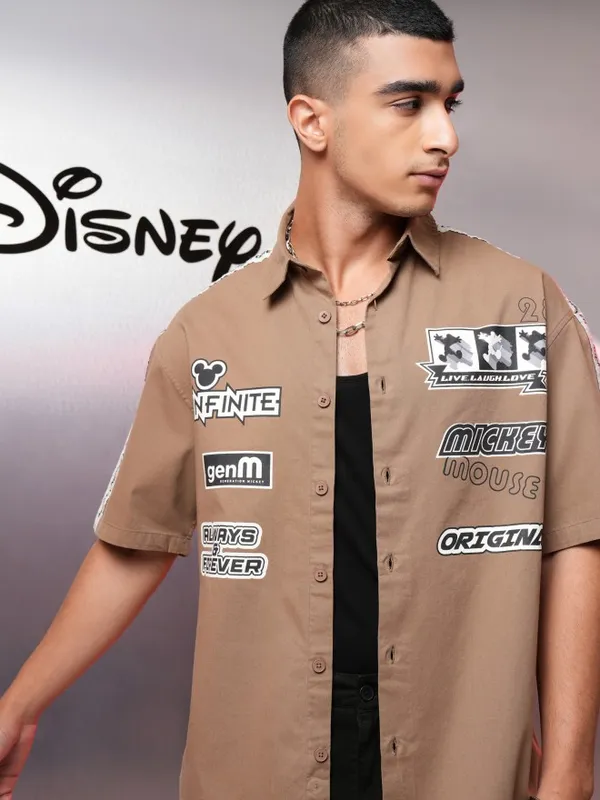 Disney By Highlander Men Khaki Mickey Mouse Printed Oversized Fit Casual Shirt