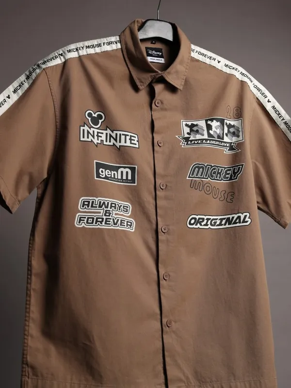 Disney By Highlander Men Khaki Mickey Mouse Printed Oversized Fit Casual Shirt