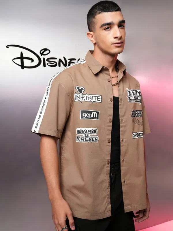 Disney By Highlander Men Khaki Mickey Mouse Printed Oversized Fit Casual Shirt