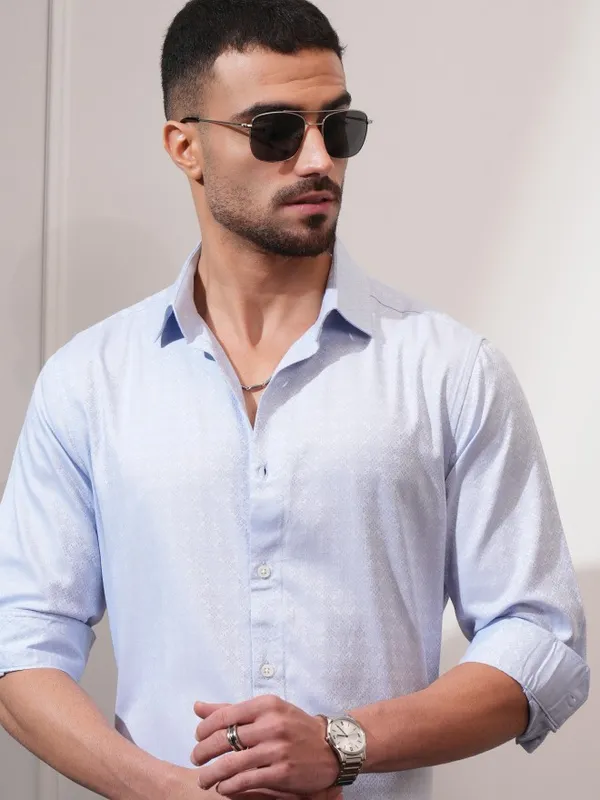 Locomotive Men Blue Self Design Slim Fit Casual Shirt