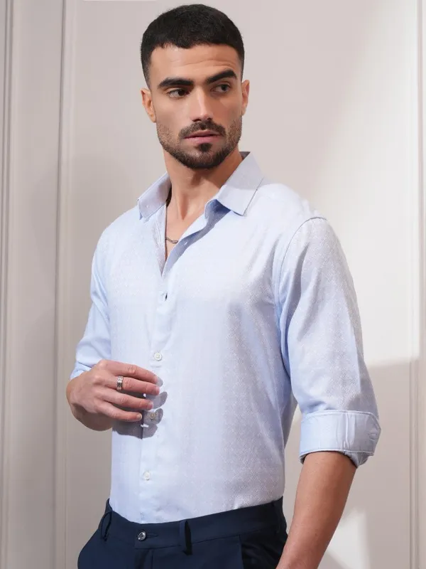 Locomotive Men Blue Self Design Slim Fit Casual Shirt