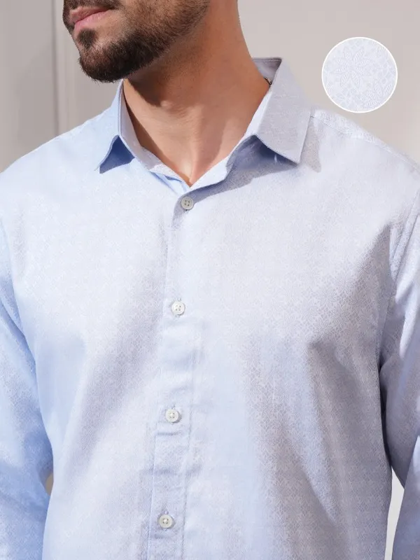 Locomotive Men Blue Self Design Slim Fit Casual Shirt