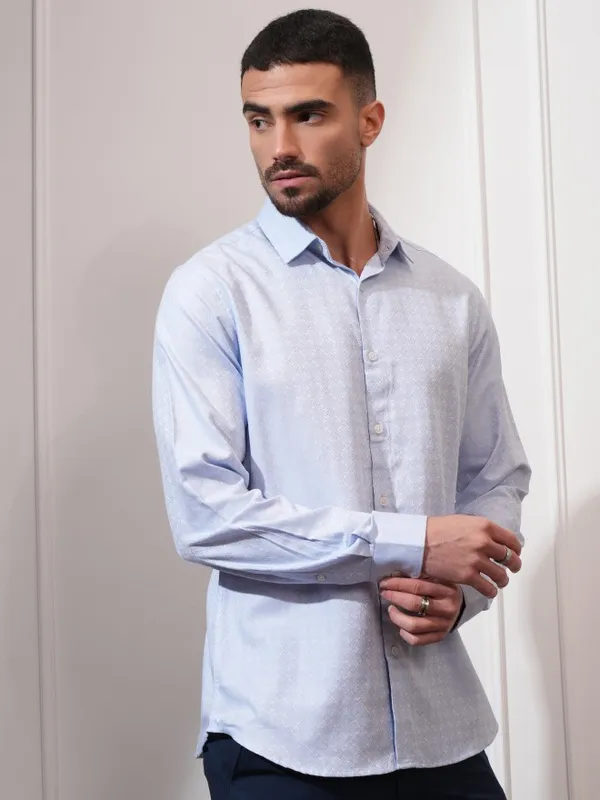 Locomotive Men Blue Self Design Slim Fit Casual Shirt