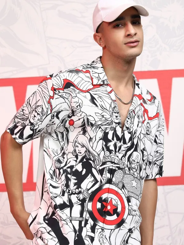 Marvel By Highlander Men White Avengers Printed Relaxed Fit Casual Shirt