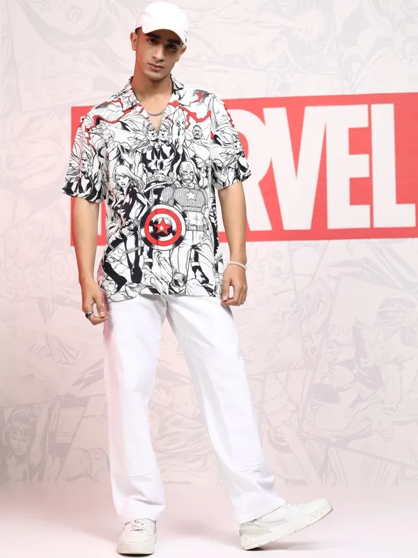 Marvel By Highlander Men White Avengers Printed Relaxed Fit Casual Shirt