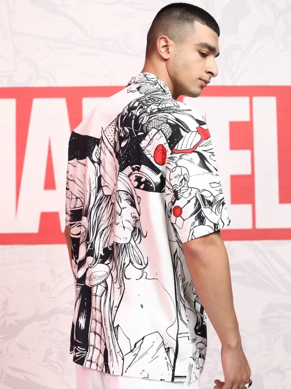 Marvel By Highlander Men White Avengers Printed Relaxed Fit Casual Shirt