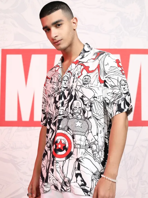 Marvel By Highlander Men White Avengers Printed Relaxed Fit Casual Shirt