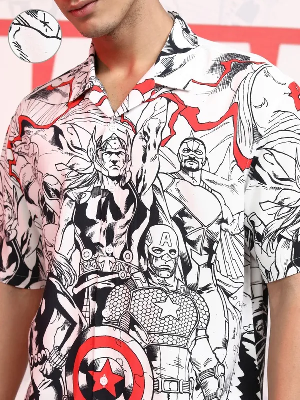 Marvel By Highlander Men White Avengers Printed Relaxed Fit Casual Shirt