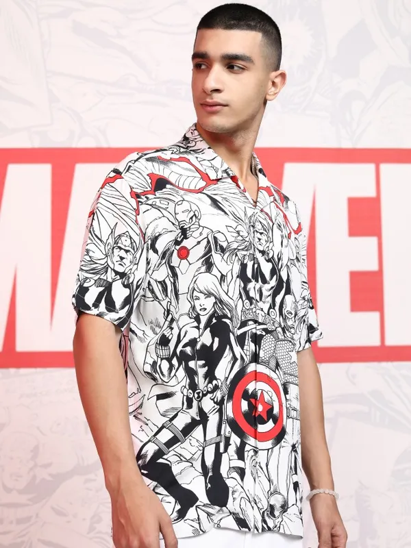 Marvel By Highlander Men White Avengers Printed Relaxed Fit Casual Shirt