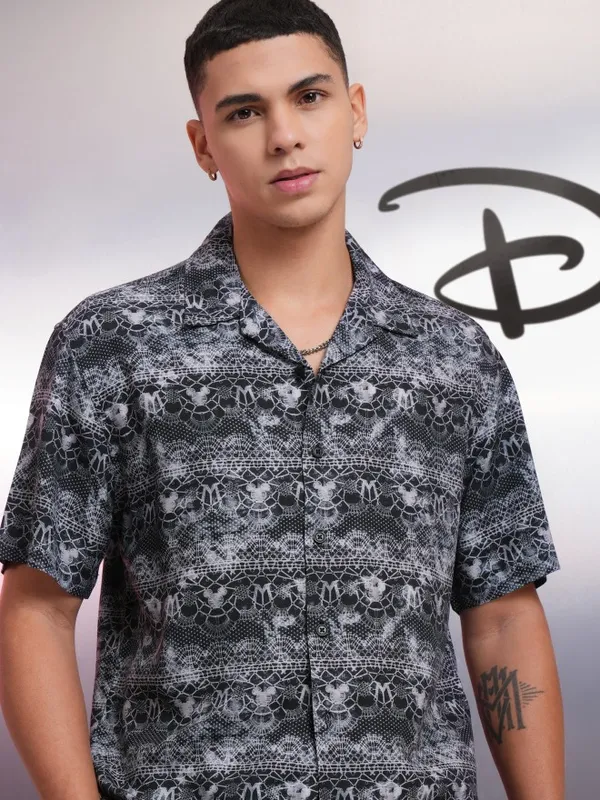Disney By Highlander Men Black Mickey Mouse Printed Oversized Fit Casual Shirt