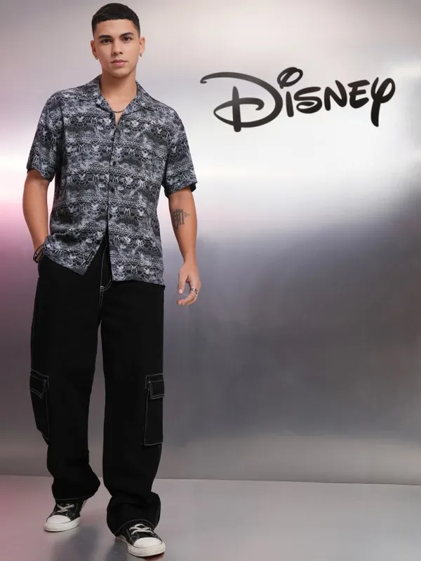 Disney By Highlander Men Black Mickey Mouse Printed Oversized Fit Casual Shirt