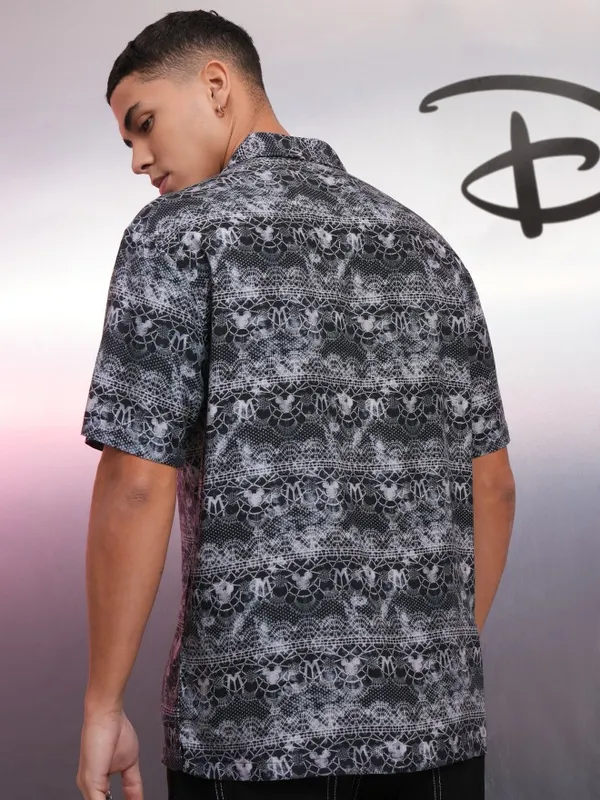 Disney By Highlander Men Black Mickey Mouse Printed Oversized Fit Casual Shirt