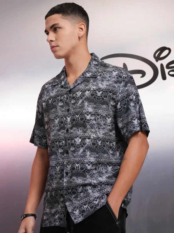 Disney By Highlander Men Black Mickey Mouse Printed Oversized Fit Casual Shirt