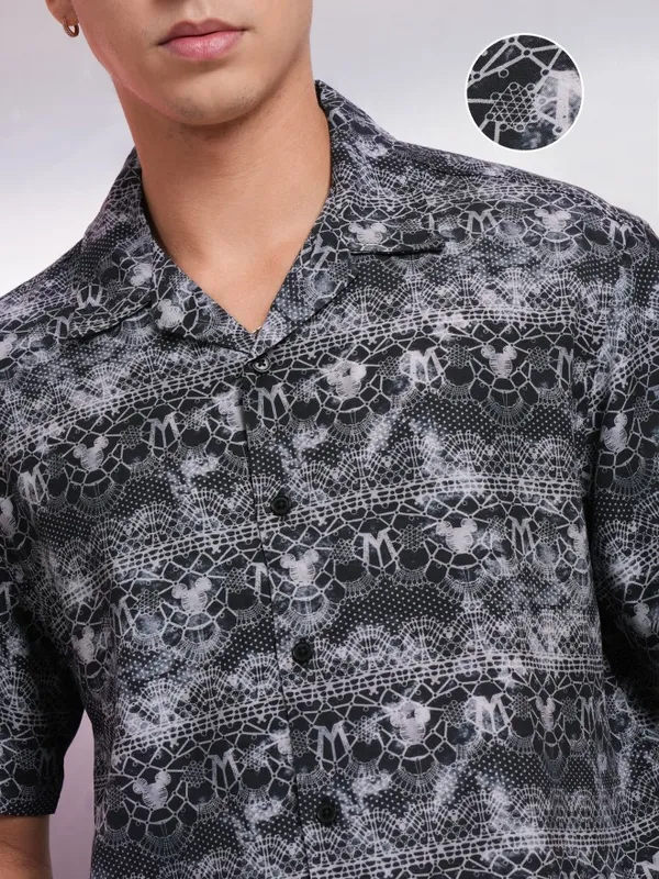 Disney By Highlander Men Black Mickey Mouse Printed Oversized Fit Casual Shirt