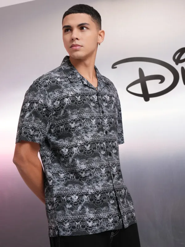 Disney By Highlander Men Black Mickey Mouse Printed Oversized Fit Casual Shirt
