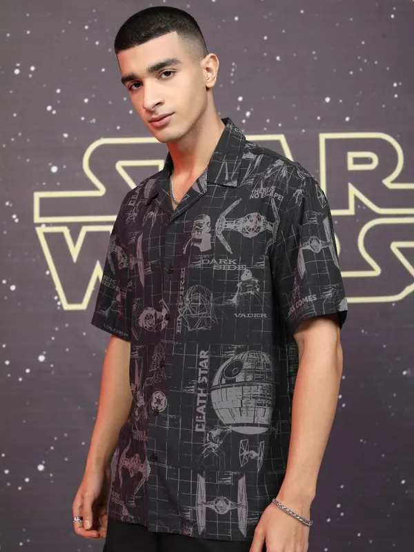 Star Wars By Highlander Men Black Darth Vader Printed Relaxed Fit Casual Shirt