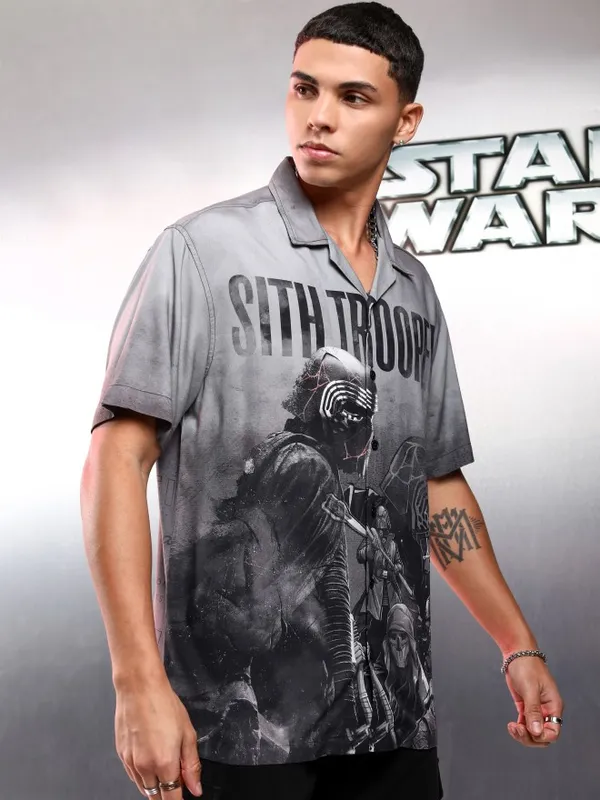 Star Wars By Highlander Men Grey Sith Trooper Printed Relaxed Fit Casual Shirt