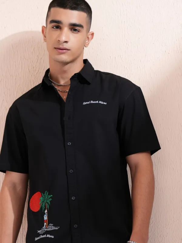 Highlander Men Black Embroidered Relaxed Fit Casual Shirt