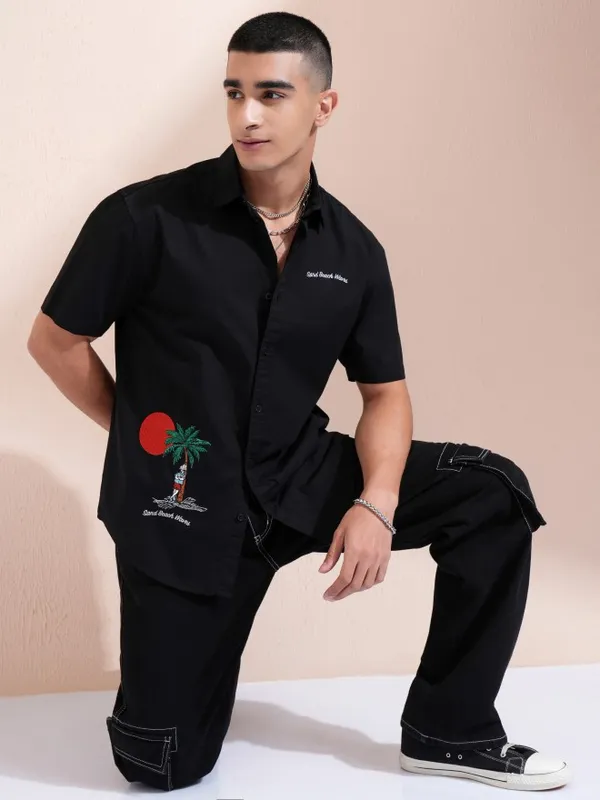 Highlander Men Black Embroidered Relaxed Fit Casual Shirt