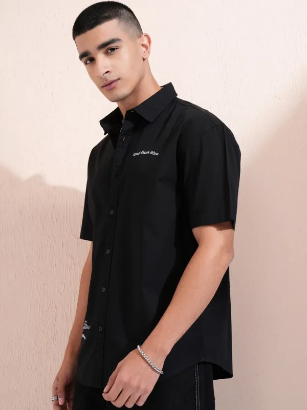 Highlander Men Black Embroidered Relaxed Fit Casual Shirt