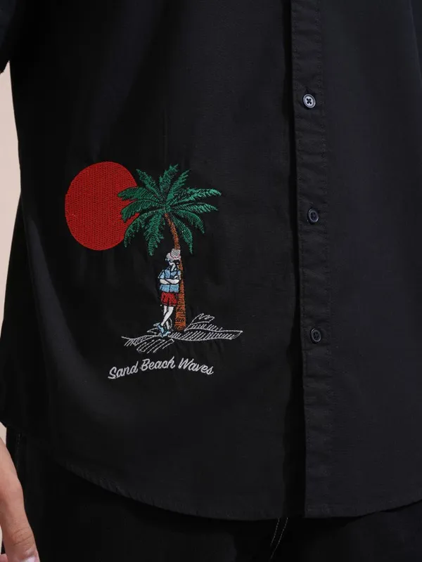Highlander Men Black Embroidered Relaxed Fit Casual Shirt
