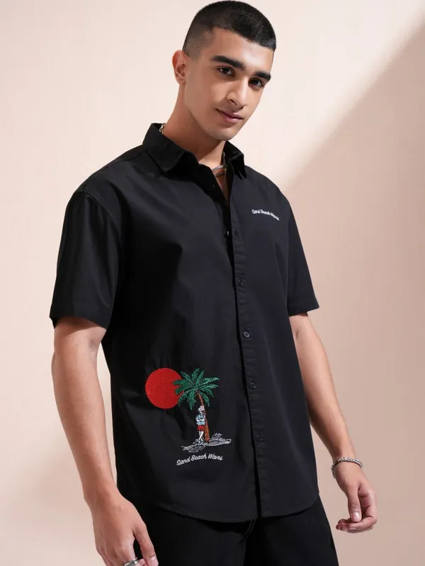 Highlander Men Black Embroidered Relaxed Fit Casual Shirt