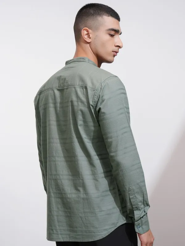 Highlander Men Olive Striped Regular Fit Casual Shirt