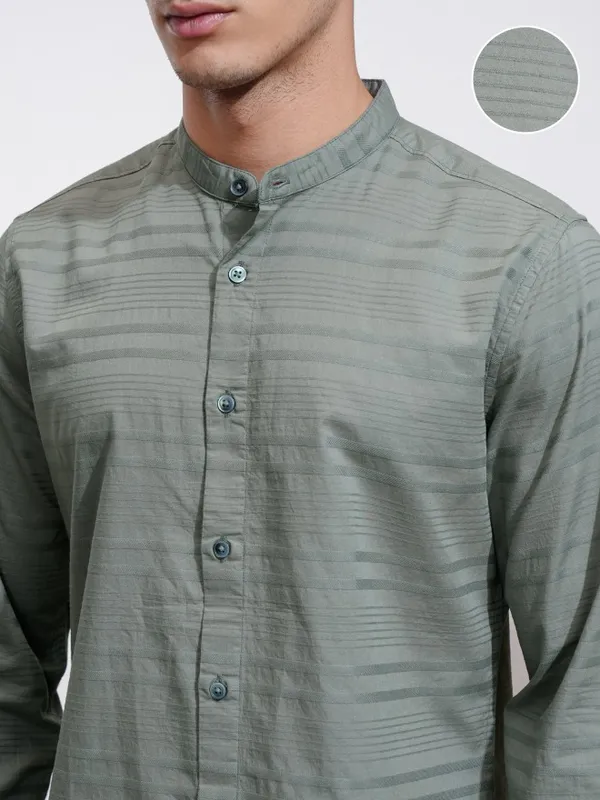 Highlander Men Olive Striped Regular Fit Casual Shirt