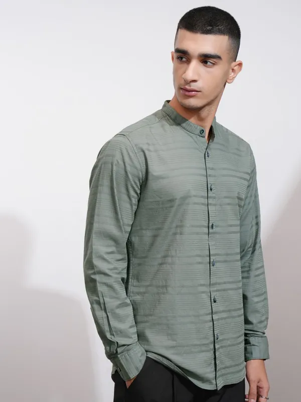 Highlander Men Olive Striped Regular Fit Casual Shirt