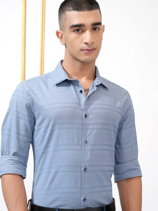 Highlander Men Blue Striped Regular Fit Casual Shirt