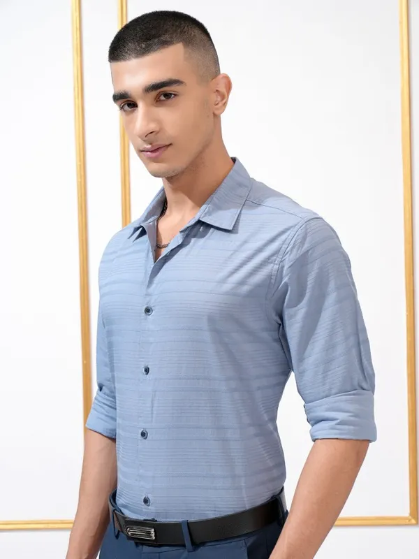 Highlander Men Blue Striped Regular Fit Casual Shirt