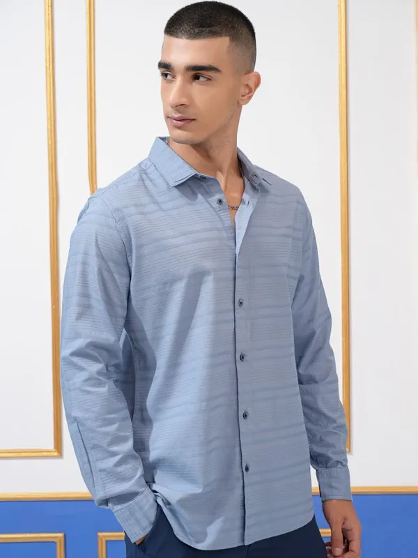 Highlander Men Blue Striped Regular Fit Casual Shirt