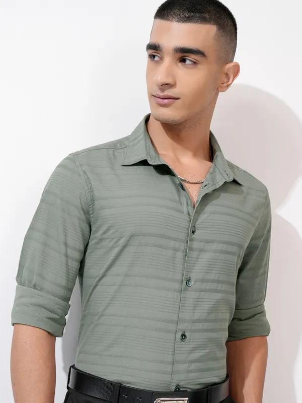 Highlander Men Olive Striped Regular Fit Casual Shirt