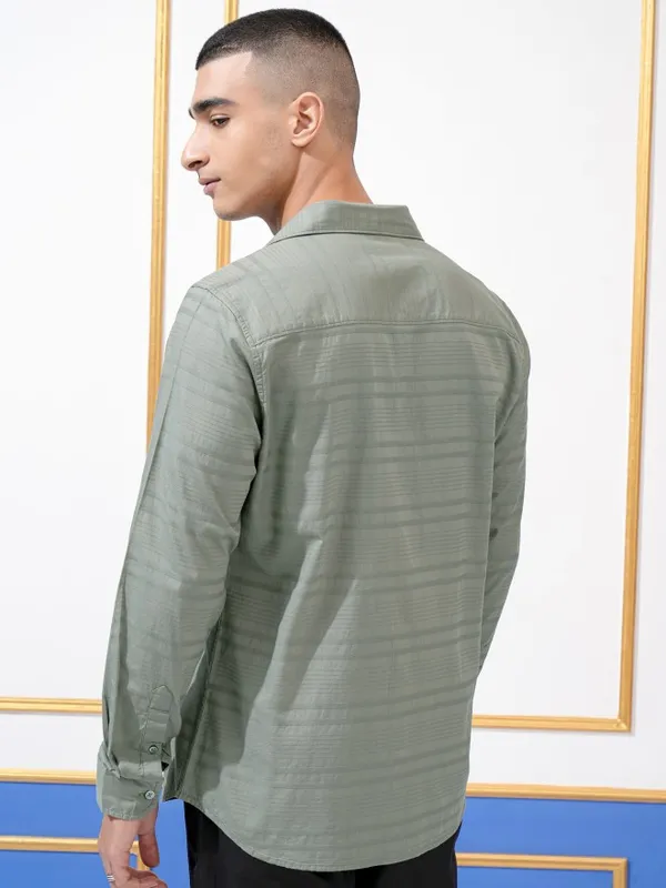 Highlander Men Olive Striped Regular Fit Casual Shirt