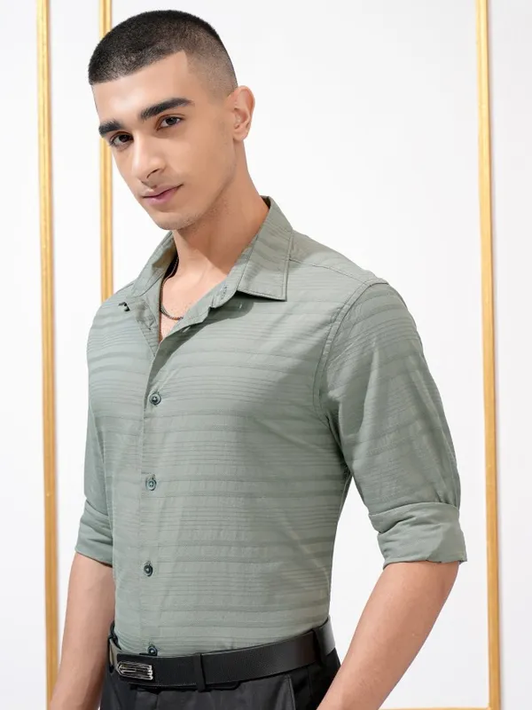 Highlander Men Olive Striped Regular Fit Casual Shirt
