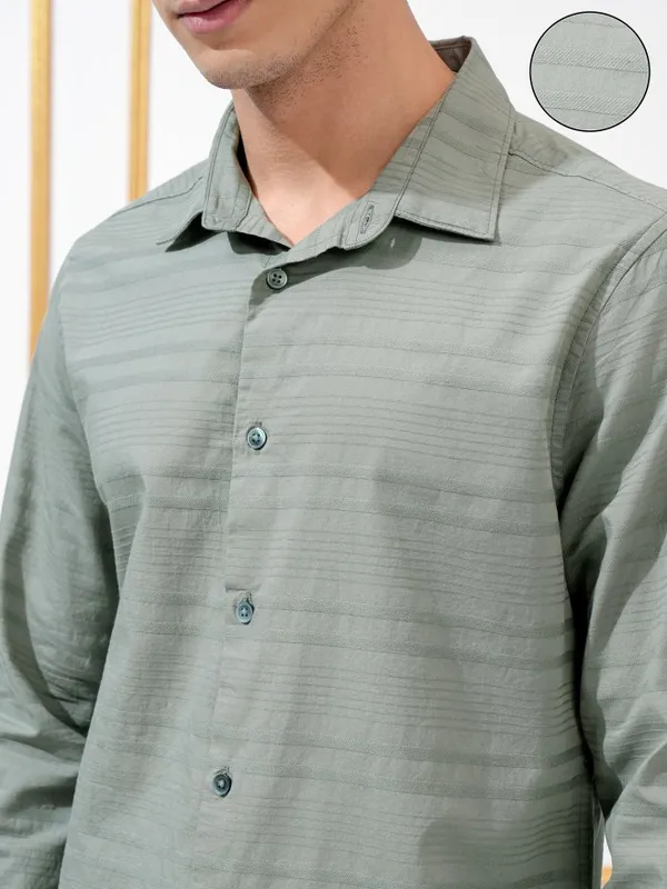 Highlander Men Olive Striped Regular Fit Casual Shirt
