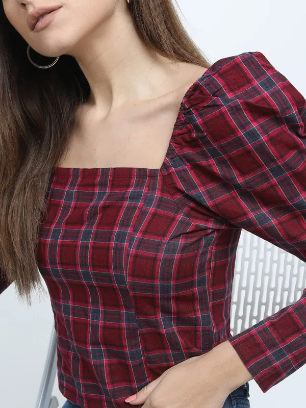 Tokyo Talkies Women Maroon Checked Regular Top