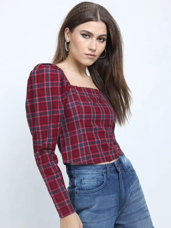 Tokyo Talkies Women Maroon Checked Regular Top