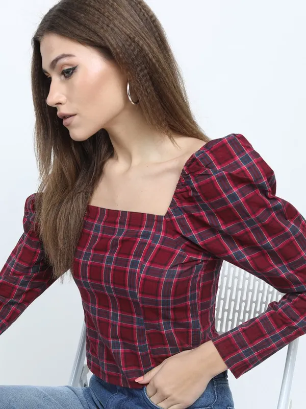 Tokyo Talkies Women Maroon Checked Regular Top
