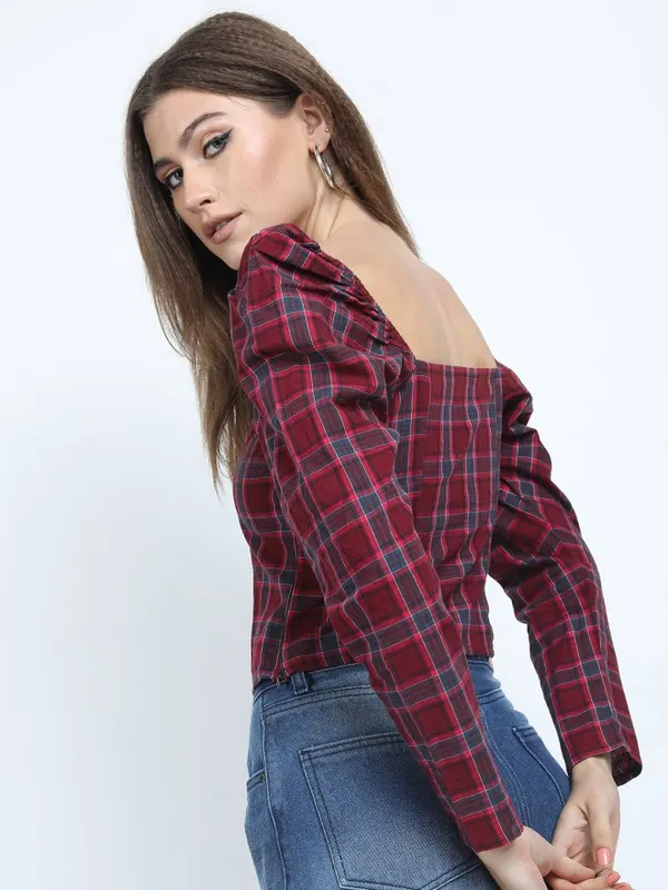 Tokyo Talkies Women Maroon Checked Regular Top