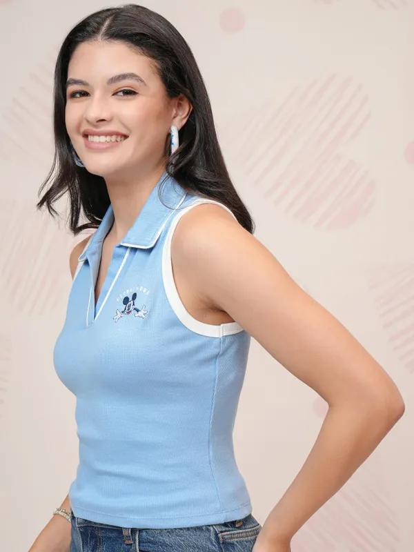Disney By Tokyo Talkies Women Blue Mickey Mouse Printed Fitted Top
