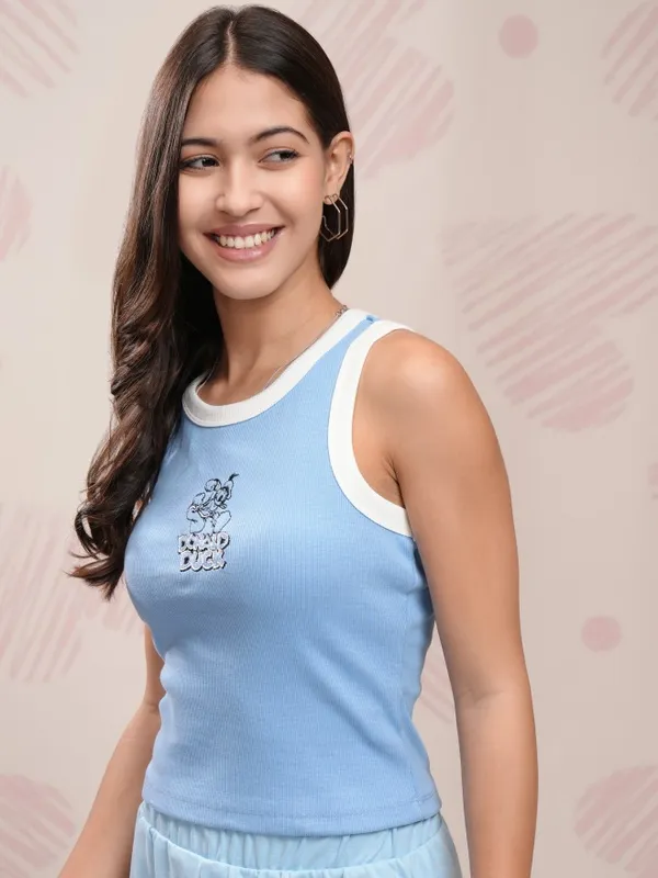 Disney By Tokyo Talkies Women Blue Donald Duck Embroidered Fitted Top