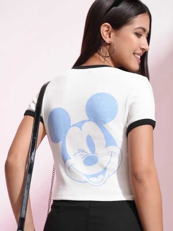 Disney By Tokyo Talkies Women White Mickey Mouse Embroidered Fitted Top