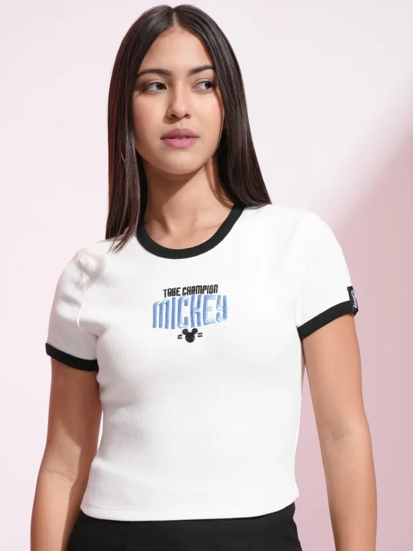 Disney By Tokyo Talkies Women White Mickey Mouse Embroidered Fitted Top