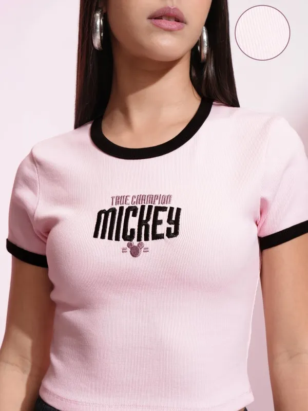 Disney By Tokyo Talkies Women Pink Mickey Mouse Embroidered Fitted Top