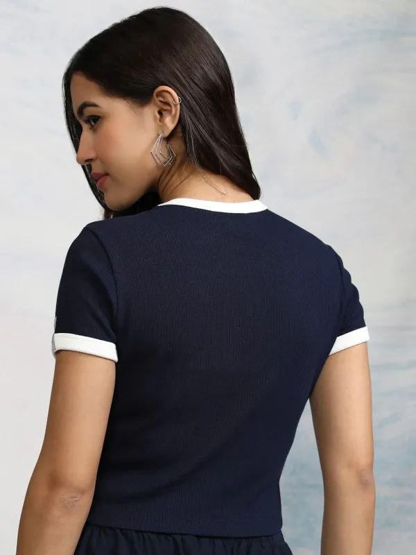 Disney By Tokyo Talkies Women Navy Blue Mickey Mouse Embroidered Fitted Top