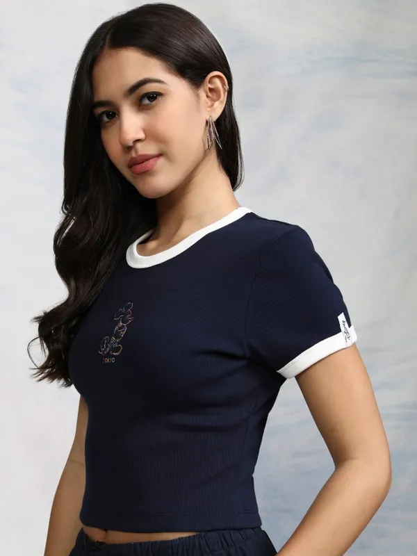 Disney By Tokyo Talkies Women Navy Blue Mickey Mouse Embroidered Fitted Top