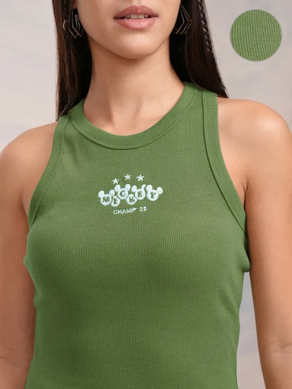Disney By Tokyo Talkies Women Olive Mickey Mouse Embroidered Tank Top