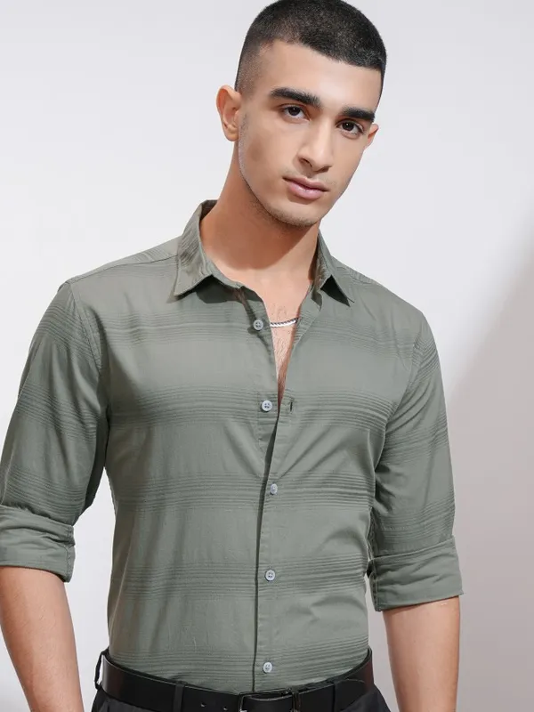 Highlander Men Olive Striped Regular Fit Casual Shirt